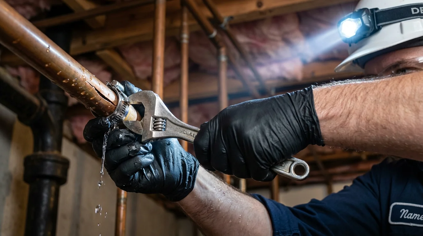 Emergency pipe clamp repair being performed by a Johns Plumbing LLC plumber in New Cumberland