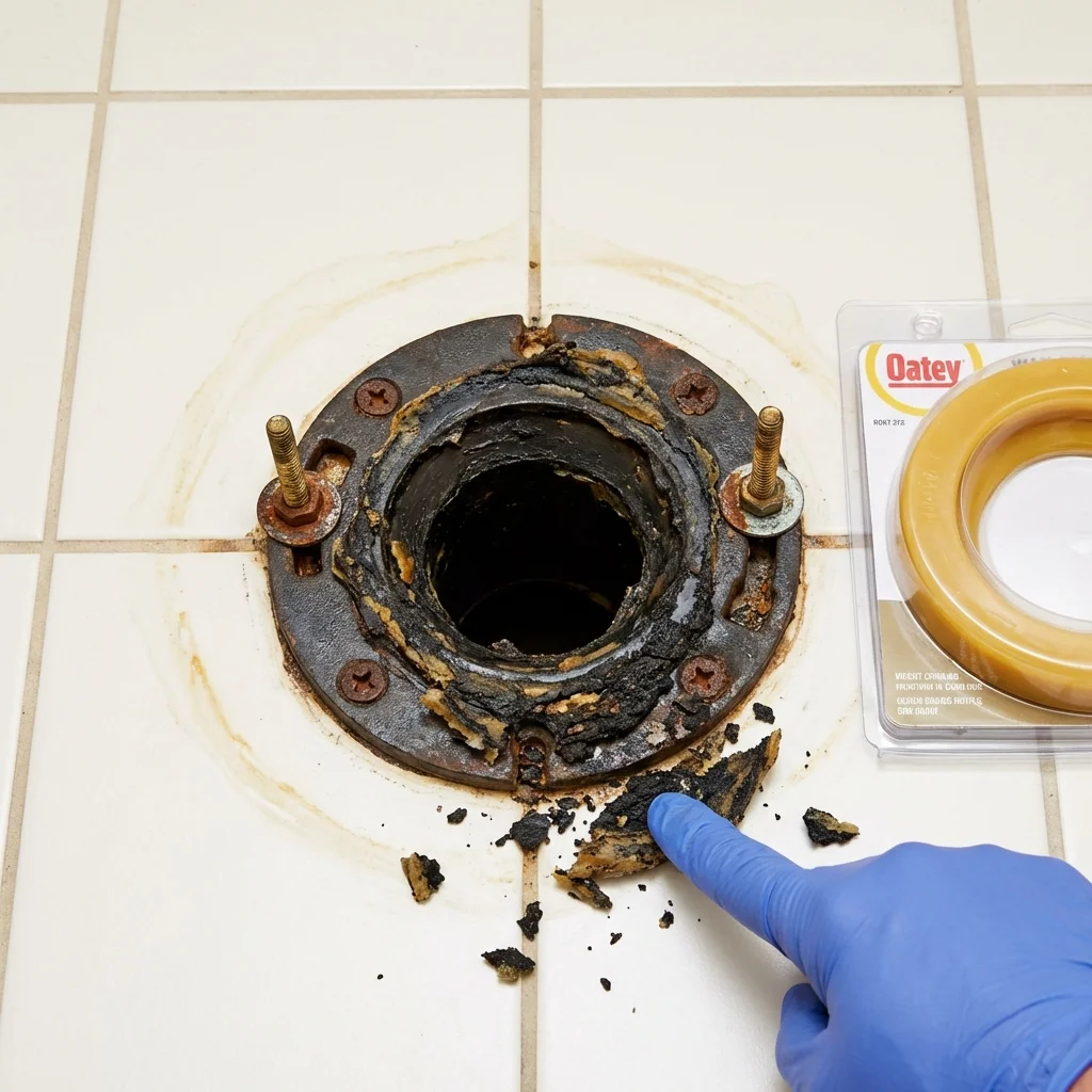 Failed wax ring showing water seepage at the base of a toilet in a New Cumberland, WV home