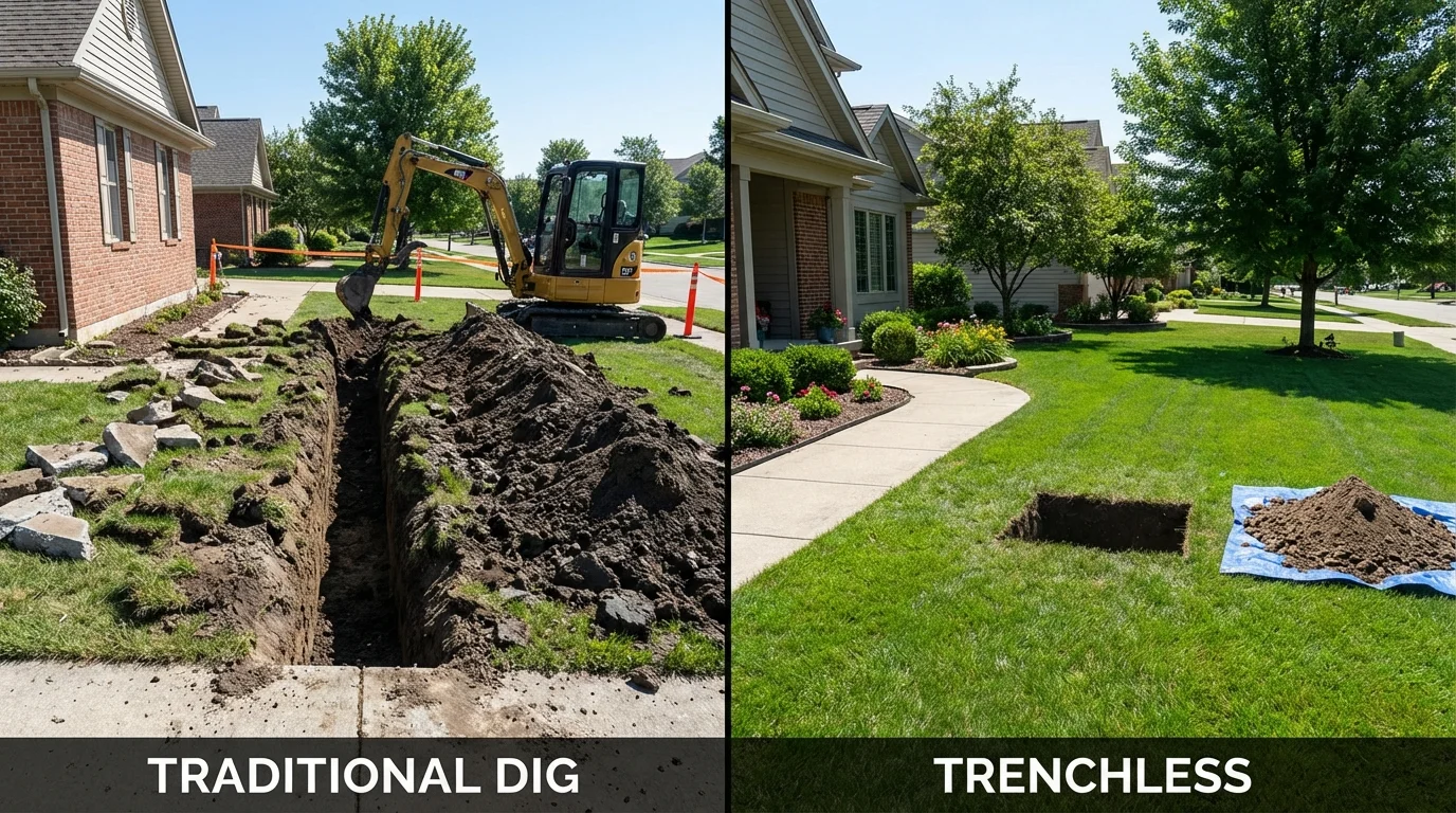 Trenchless sewer repair with minimal yard damage versus traditional excavation in New Cumberland, WV