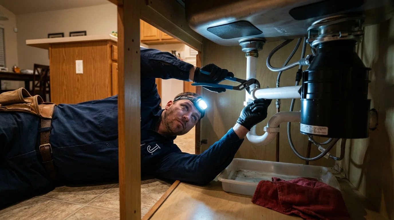 P-trap and supply line connections under a kitchen sink showing a common leak point in New Cumberland, WV
